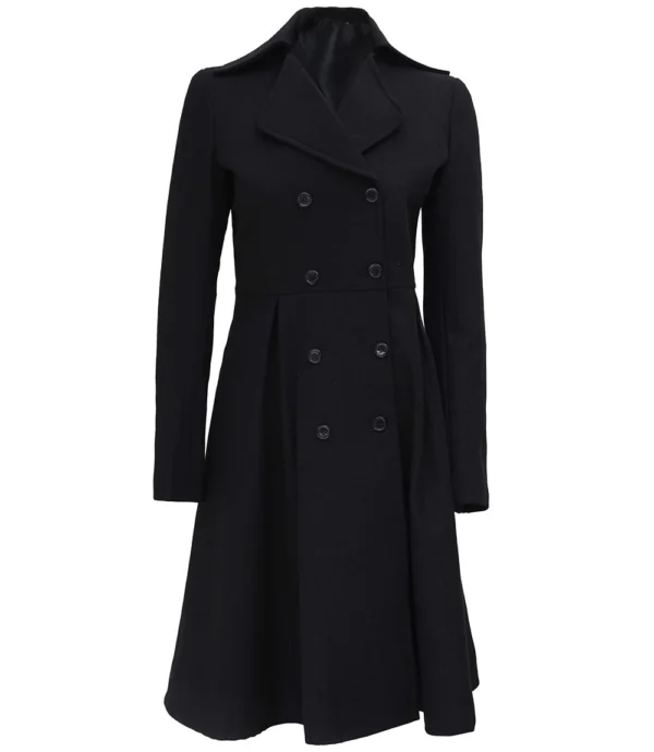 Black Double Breasted Long Wool Trench Coat