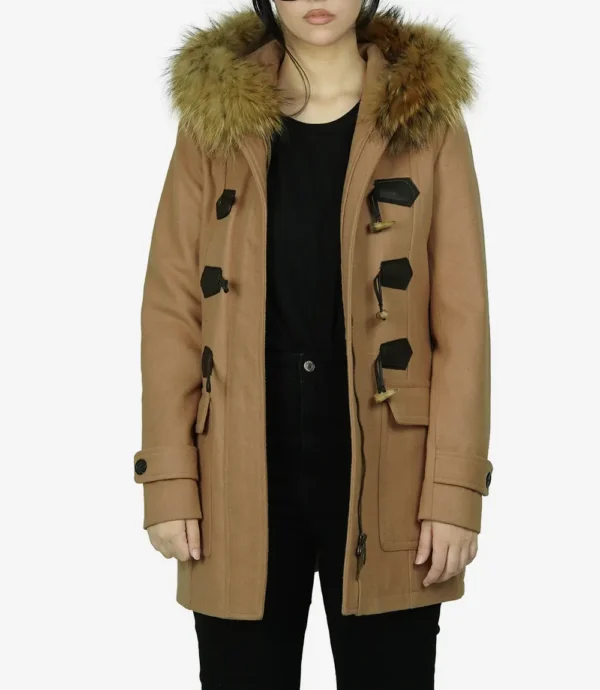Camel Brown Hooded Shearling Wool Coat