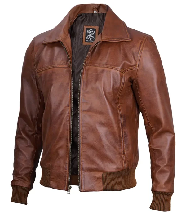 Distressed Brown Leather Bomber Jacket