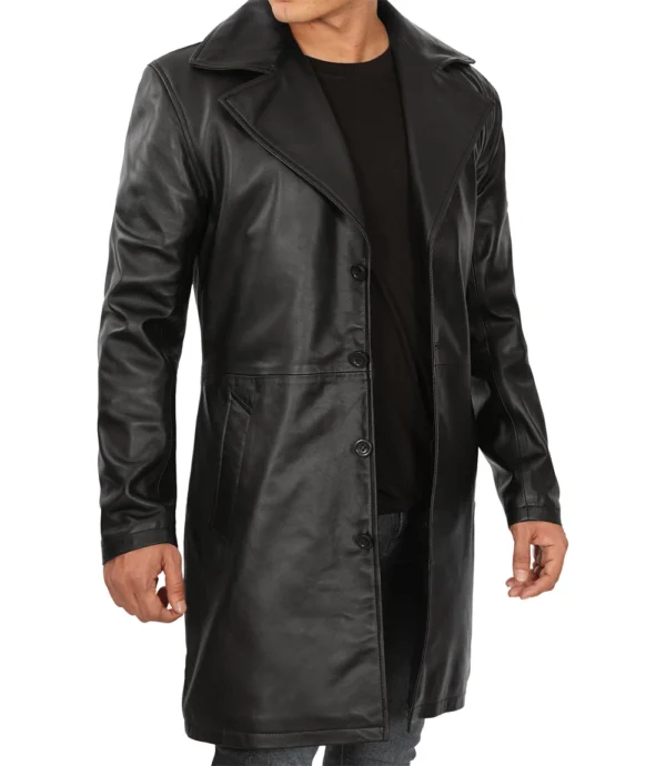 Black 3/4 Length Real Leather Coat