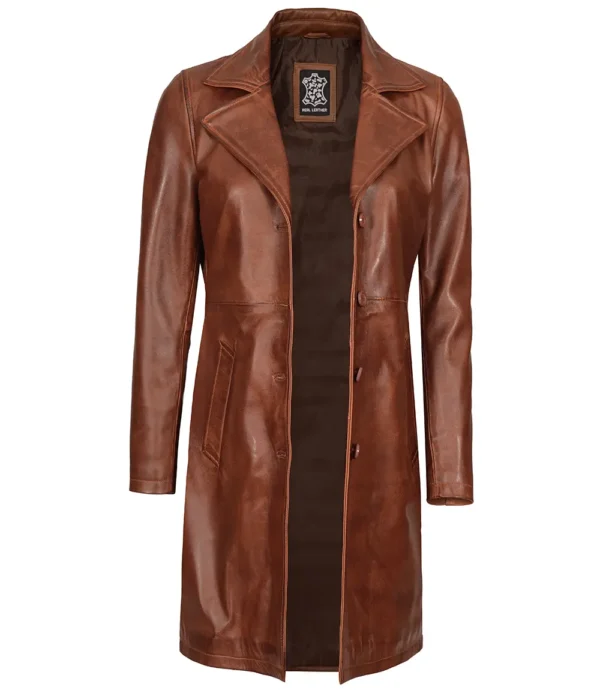 Cognac Brown Real Leather 3/4 Length Coat