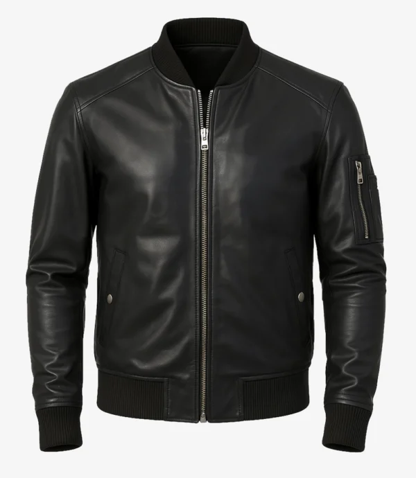 Black Lambskin Leather Bomber Jacket