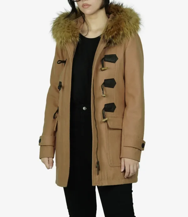 Camel Brown Hooded Shearling Wool Coat
