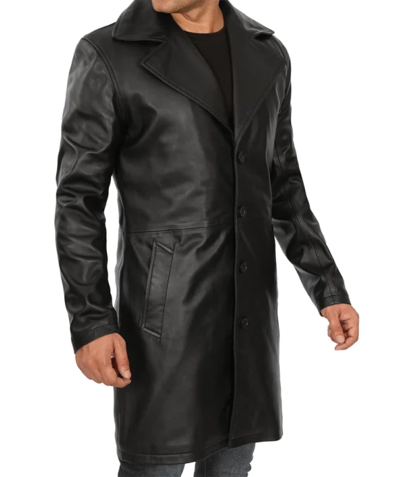Black 3/4 Length Real Leather Coat