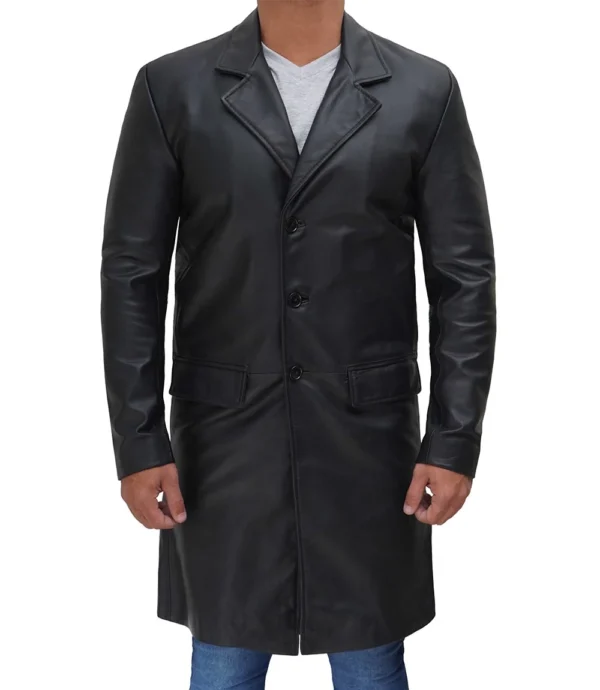 Black Real Cowhide Leather Trench Coat