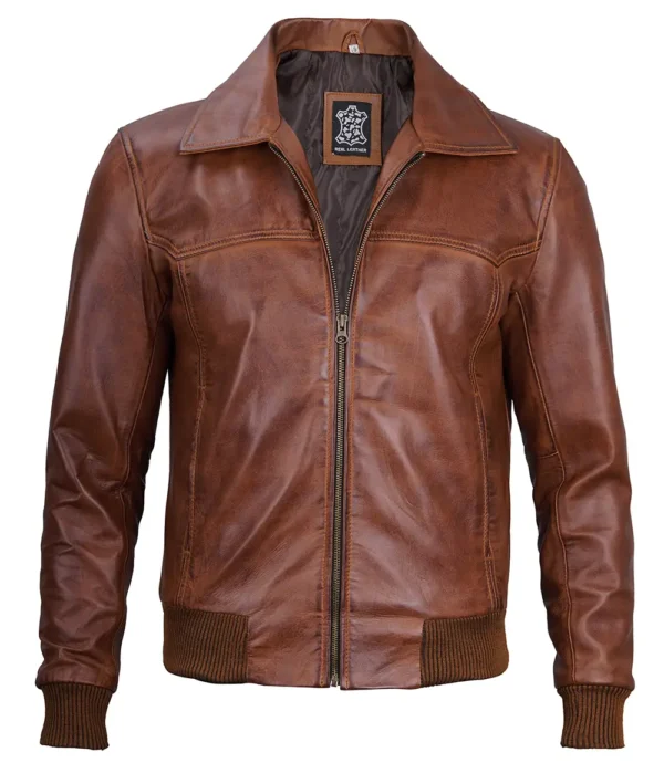 Distressed Brown Leather Bomber Jacket