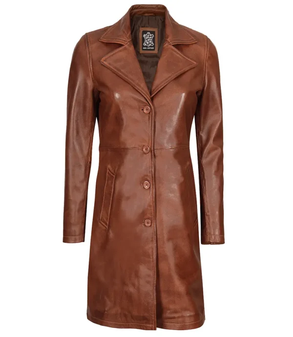 Cognac Brown Real Leather 3/4 Length Coat