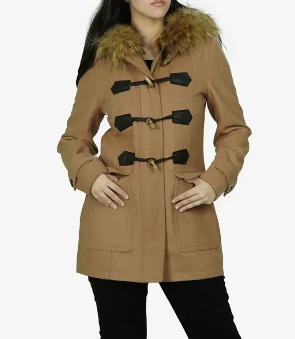 Camel Brown Hooded Shearling Wool Coat