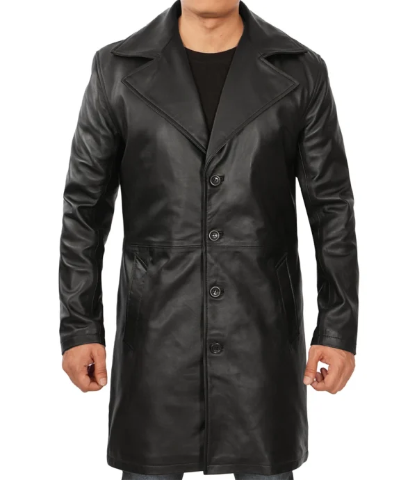 Black 3/4 Length Real Leather Coat