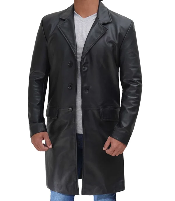 Black Real Cowhide Leather Trench Coat