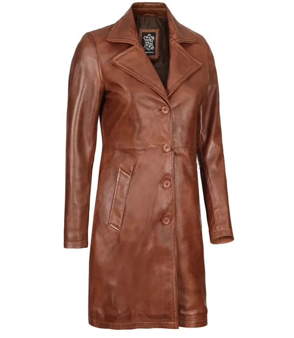Cognac Brown Real Leather 3/4 Length Coat