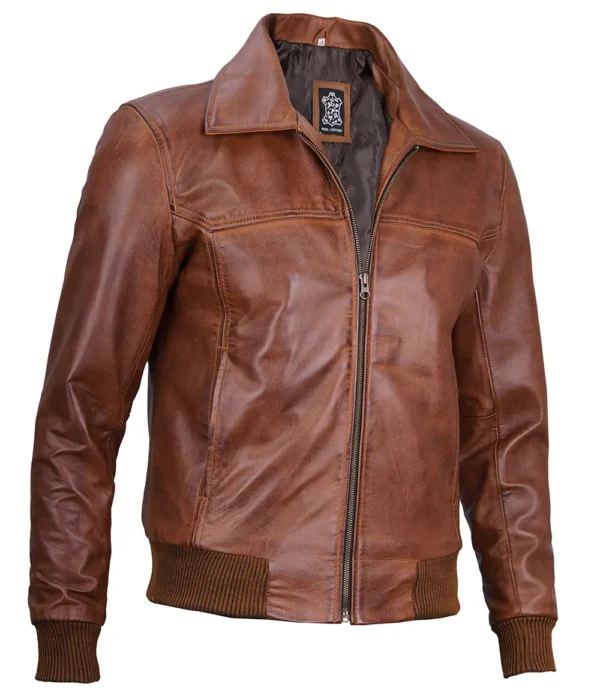 Distressed Brown Leather Bomber Jacket
