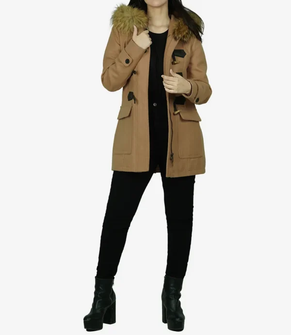 Camel Brown Hooded Shearling Wool Coat