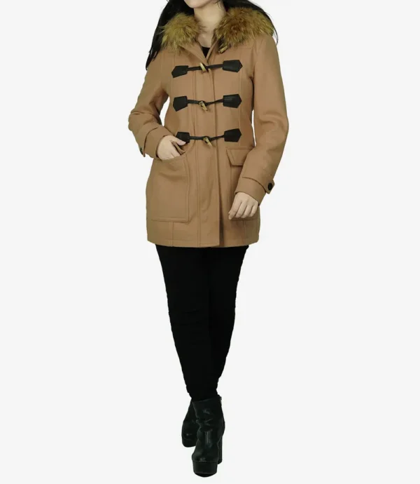 Camel Brown Hooded Shearling Wool Coat